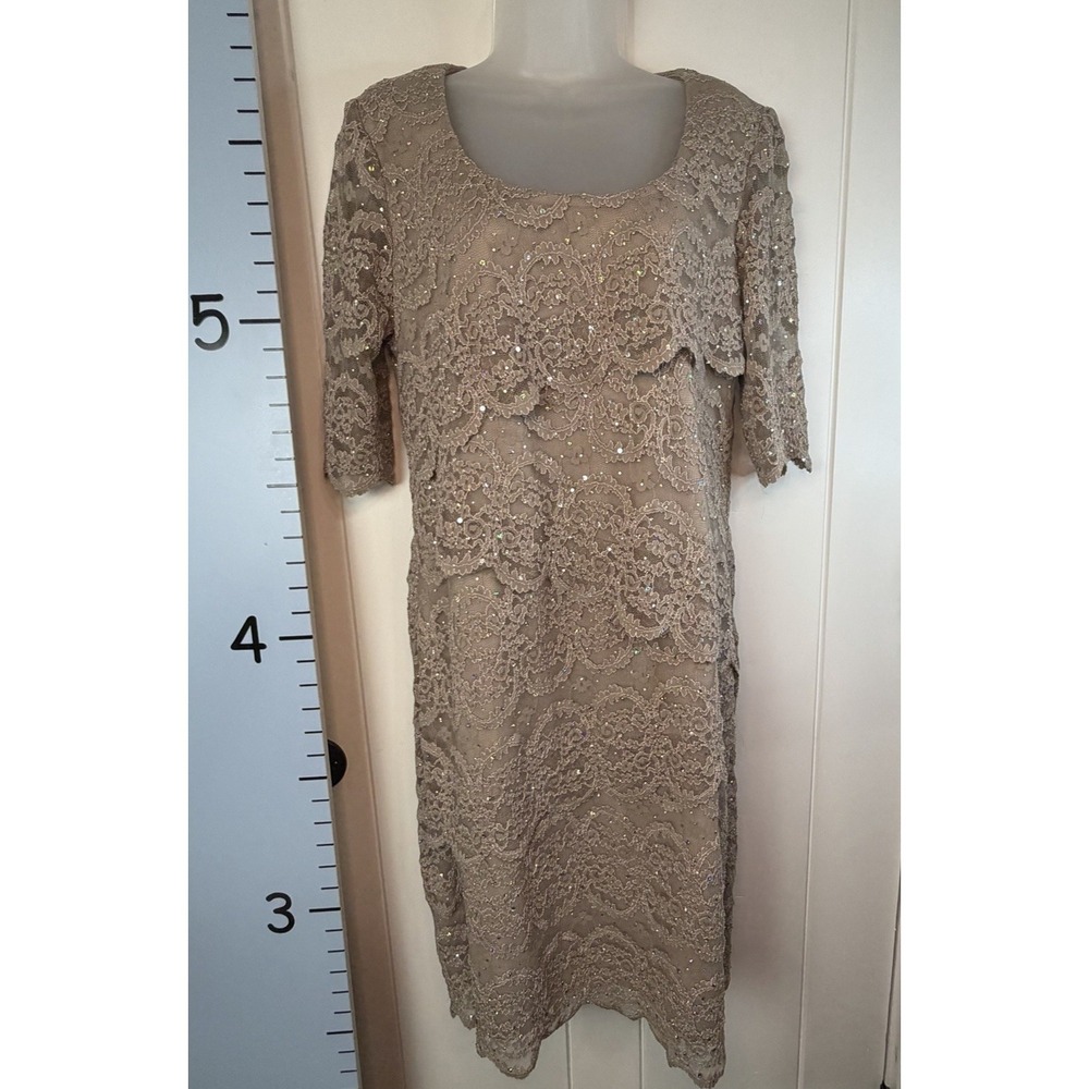 R&M Richards Beige Sequin Tiered Formal Mother of the Bride Dress Large Wedding